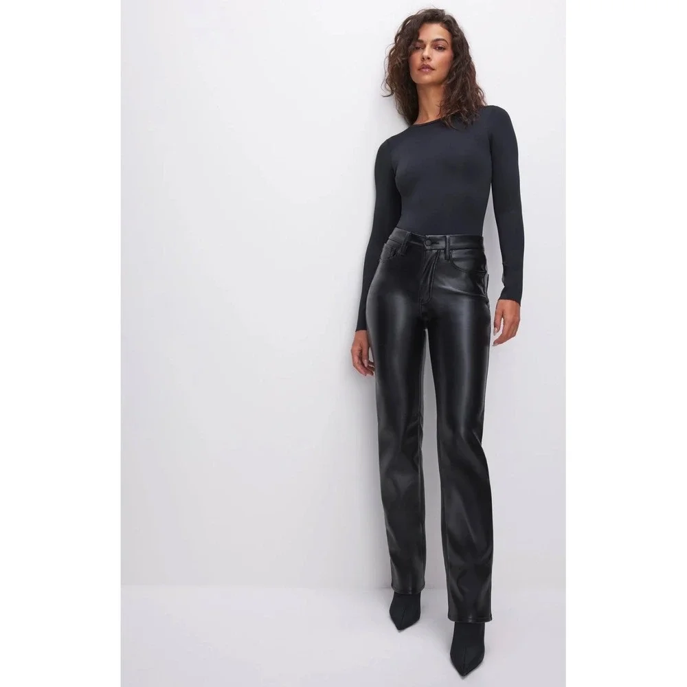 Good American Better Than Leather Straight Leg Pants Black Faux Leather Size 2